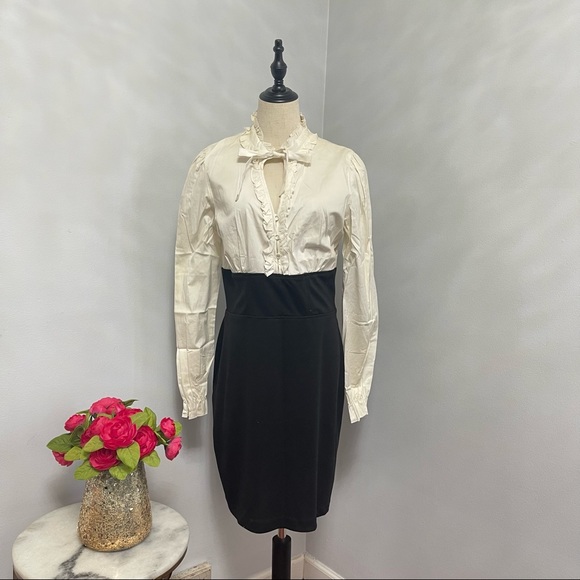 # French Style Ruffle Neck Long Sleeves Short Dress By Macys As Wish - Picture 1 of 15